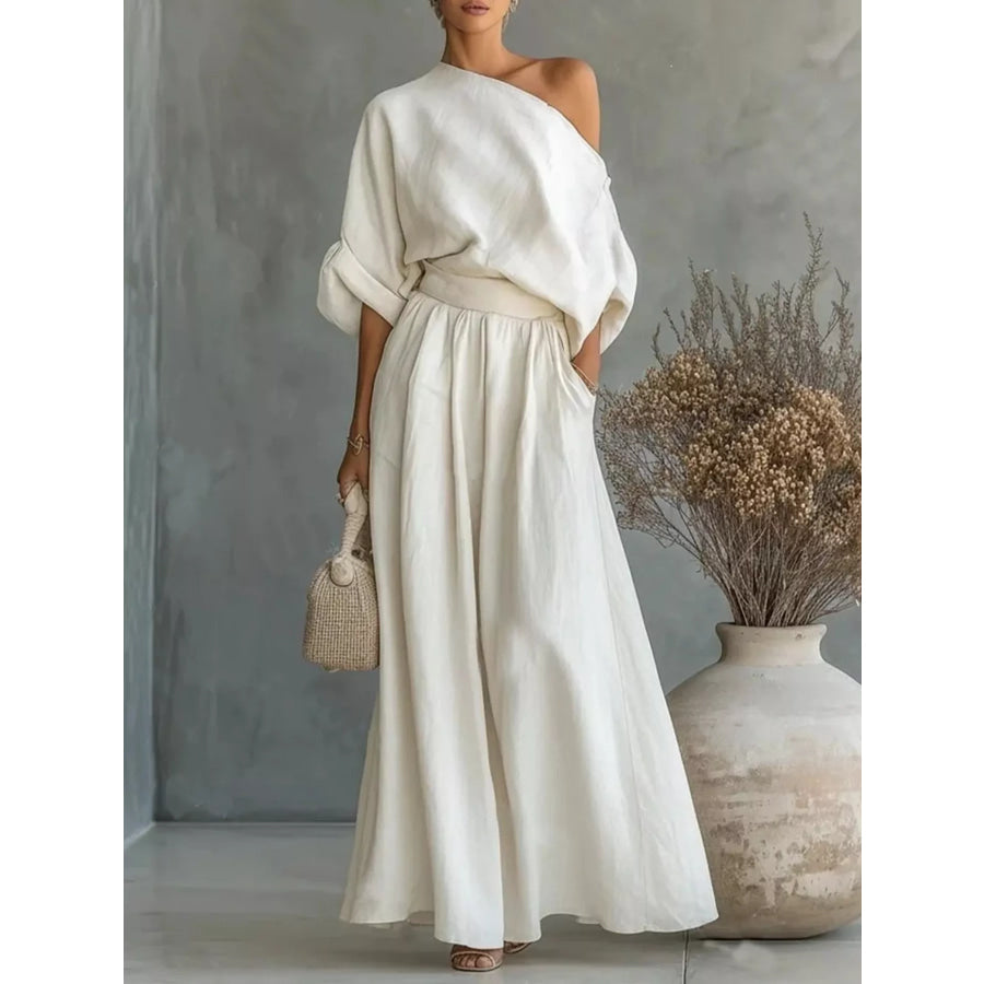Full Size One Shoulder Top and Wide Leg Pants Set Plus Size White / S Apparel and Accessories