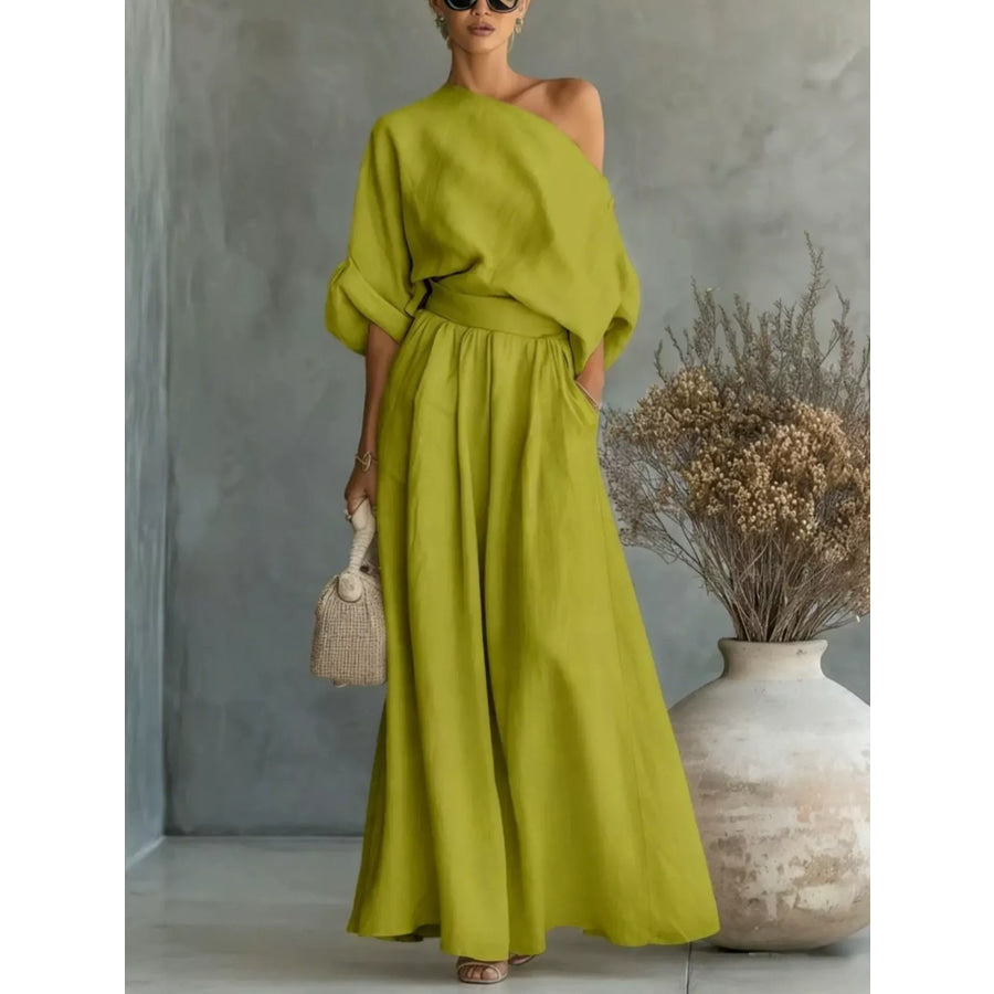 Full Size One Shoulder Top and Wide Leg Pants Set Plus Size Yellow-Green / S Apparel and Accessories