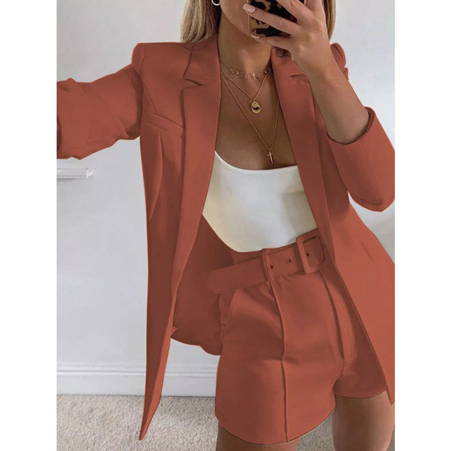 Full Size Open Front Blazer and Belted Shorts Set Plus Brick Red Suit / S Apparel Accessories
