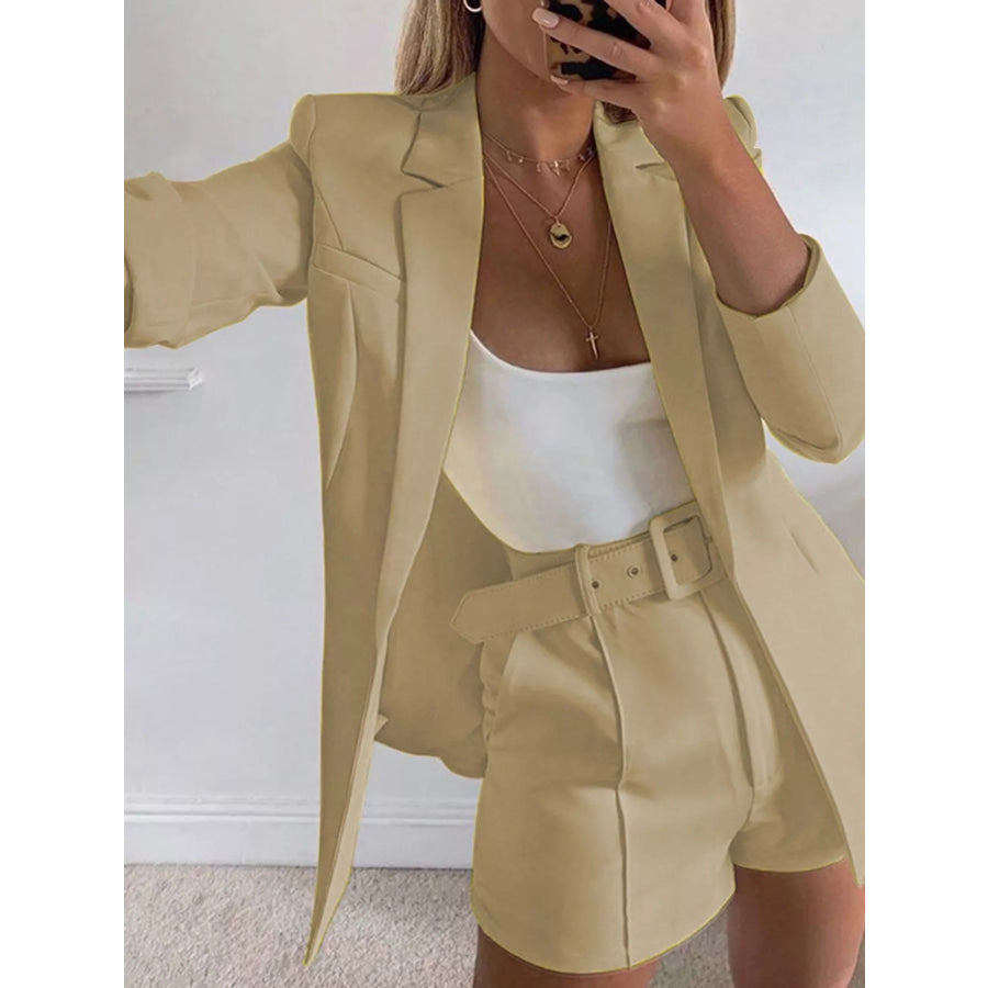 Full Size Open Front Blazer and Belted Shorts Set Plus Khaki Suit / S Apparel Accessories