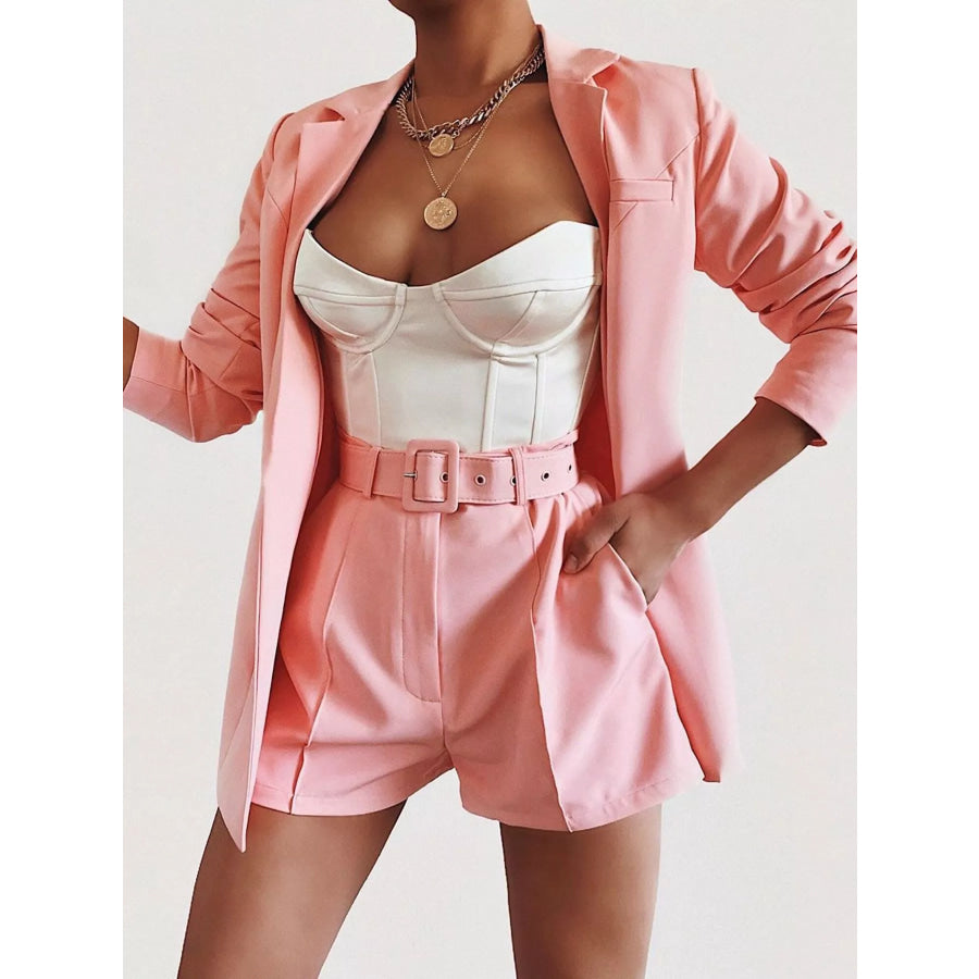 Full Size Open Front Blazer and Belted Shorts Set Plus Pink Suit / S Apparel Accessories