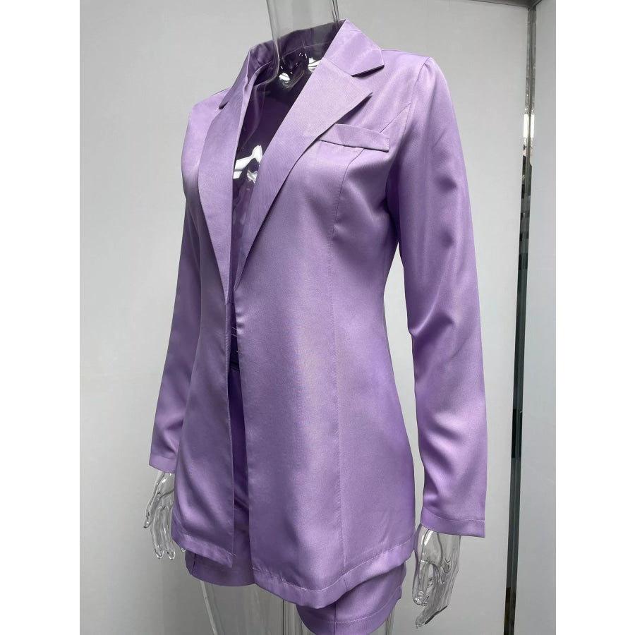 Full Size Open Front Blazer and Belted Shorts Set Plus Purple Suit / S Apparel Accessories