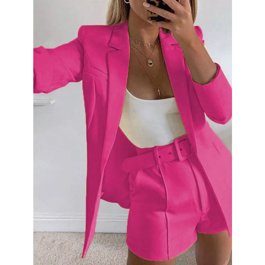 Full Size Open Front Blazer and Belted Shorts Set Plus Rose Red Suit / S Apparel Accessories