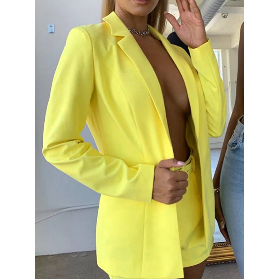 Full Size Open Front Blazer and Belted Shorts Set Plus Yellow Suit / S Apparel Accessories