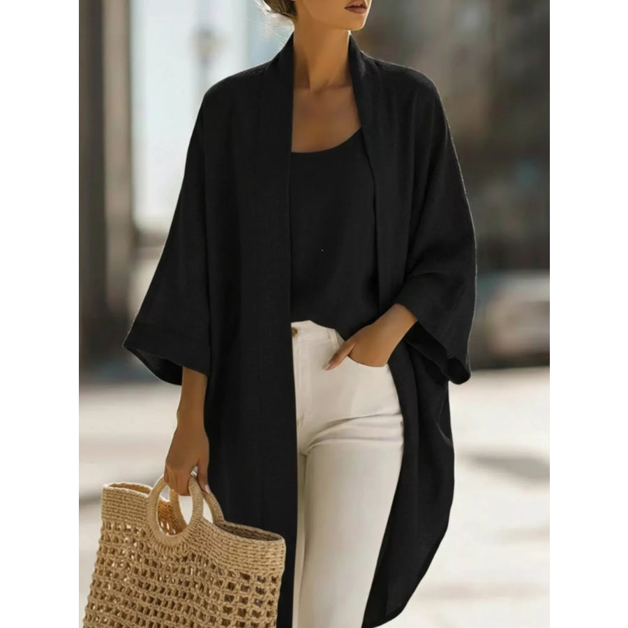Full Size Open-Front Cardigan and Matching Tank Top Set Plus Black / S Apparel Accessories