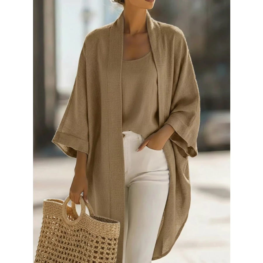 Full Size Open-Front Cardigan and Matching Tank Top Set Plus Camel / S Apparel Accessories