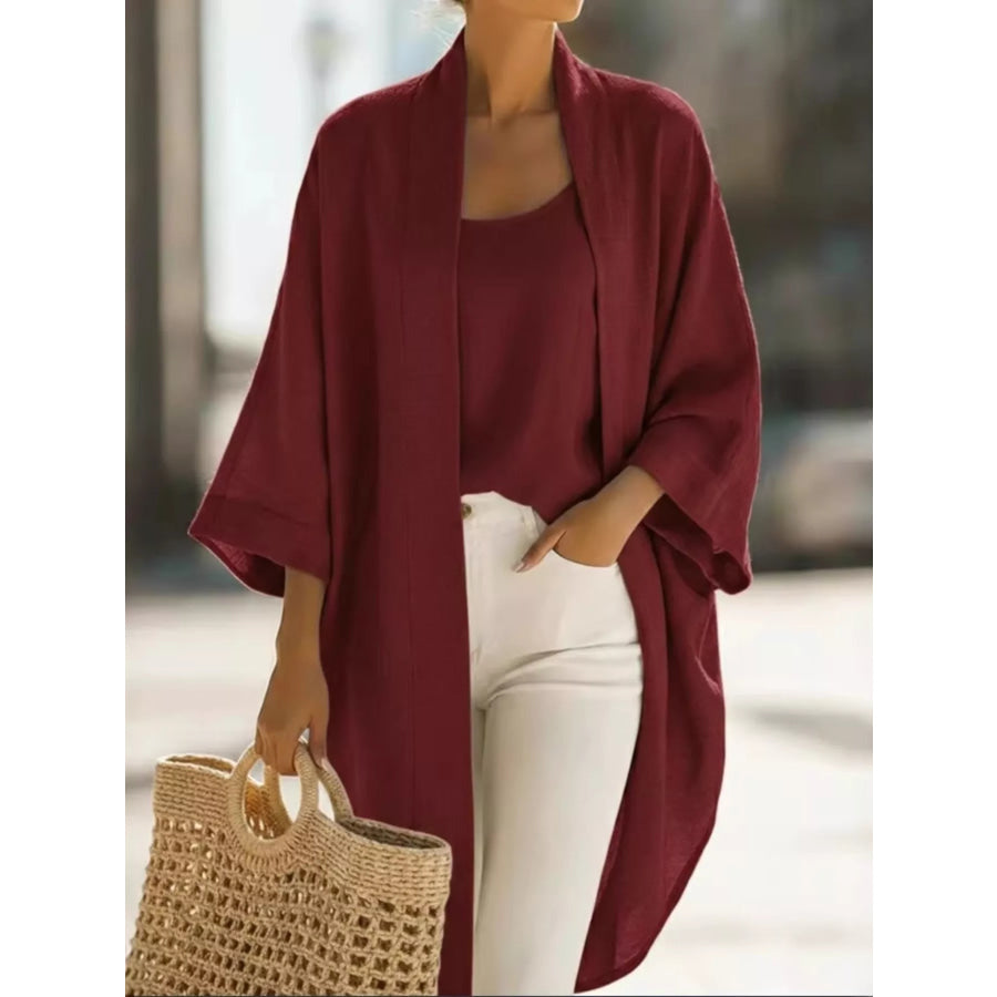 Full Size Open-Front Cardigan and Matching Tank Top Set Plus Wine Red / S Apparel Accessories