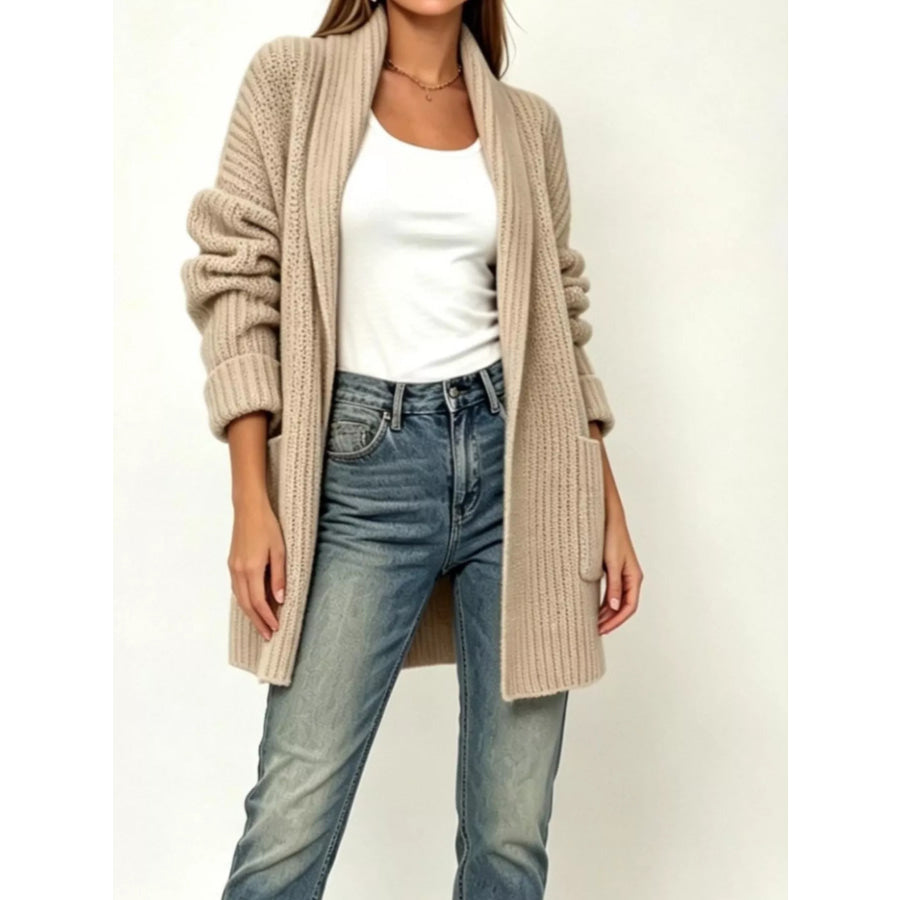 Full Size Open-Front Cardigan with Pockets Plus Size Khaki / S Apparel and Accessories