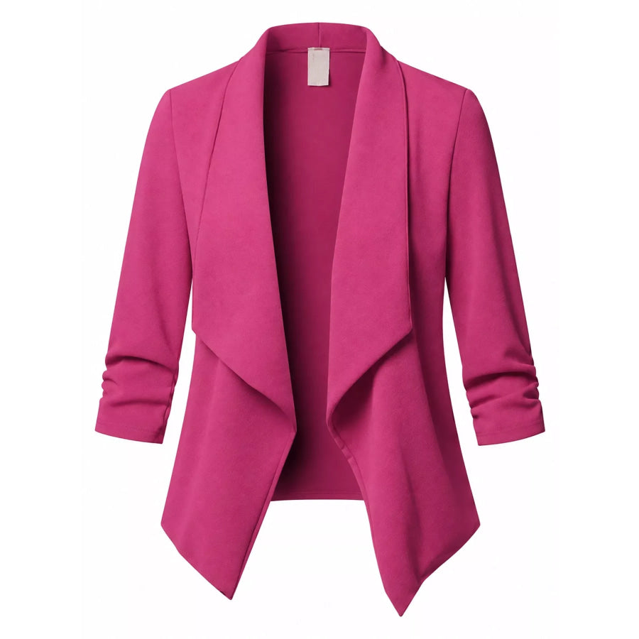 Full Size Open Front Drape Blazer with 3/4 Ruched Sleeves Plus Apparel and Accessories