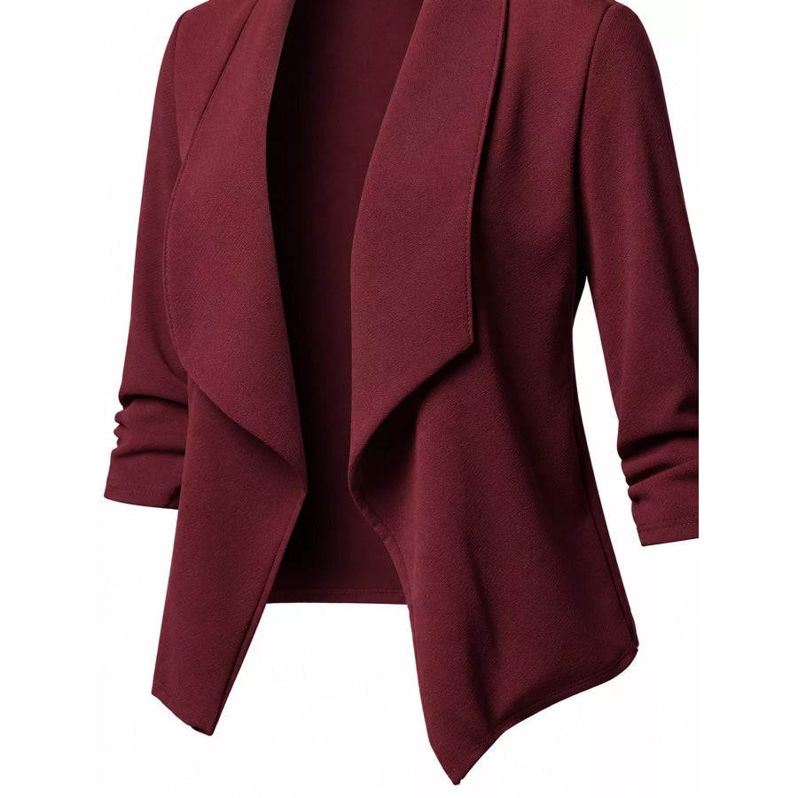 Full Size Open Front Drape Blazer with 3/4 Ruched Sleeves Plus Apparel and Accessories