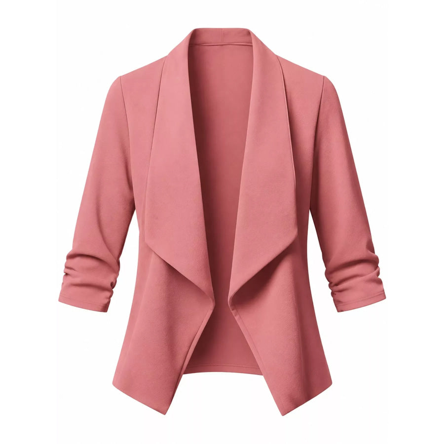 Full Size Open Front Drape Blazer with 3/4 Ruched Sleeves Plus Apparel and Accessories