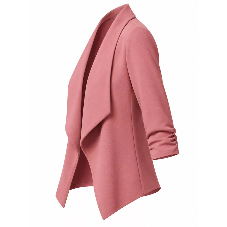 Full Size Open Front Drape Blazer with 3/4 Ruched Sleeves Plus Apparel and Accessories