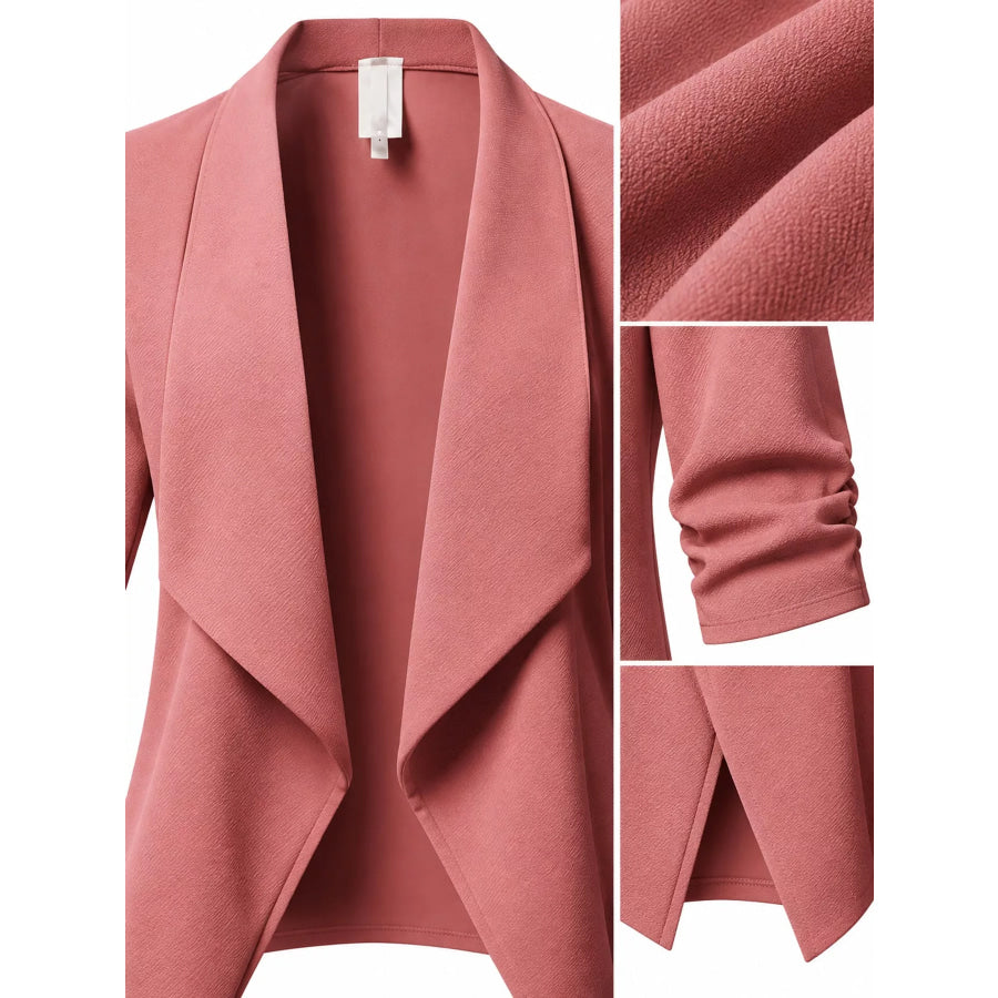 Full Size Open Front Drape Blazer with 3/4 Ruched Sleeves Plus Apparel and Accessories