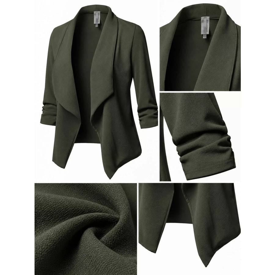 Full Size Open Front Drape Blazer with 3/4 Ruched Sleeves Plus Apparel and Accessories