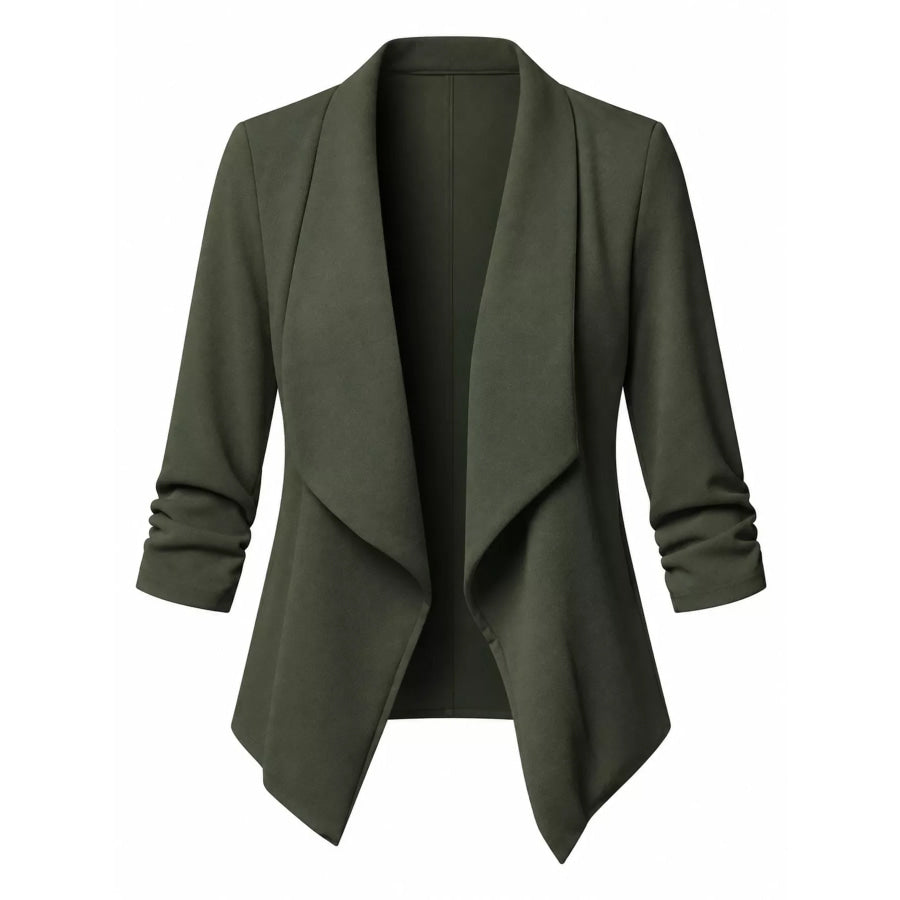 Full Size Open Front Drape Blazer with 3/4 Ruched Sleeves Plus Apparel and Accessories