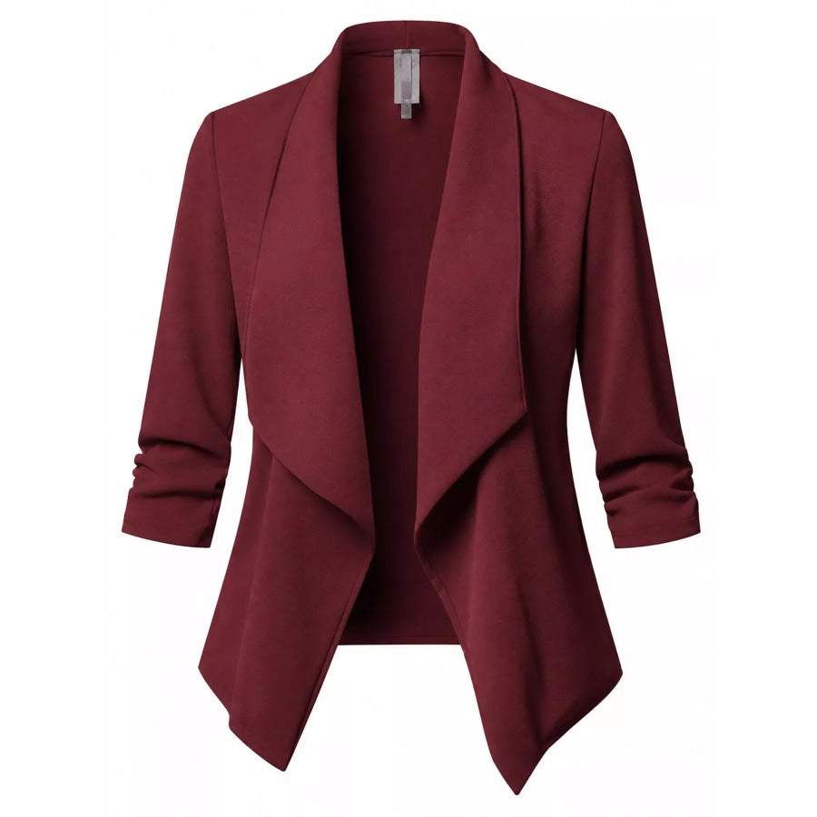 Full Size Open Front Drape Blazer with 3/4 Ruched Sleeves Plus Apparel and Accessories