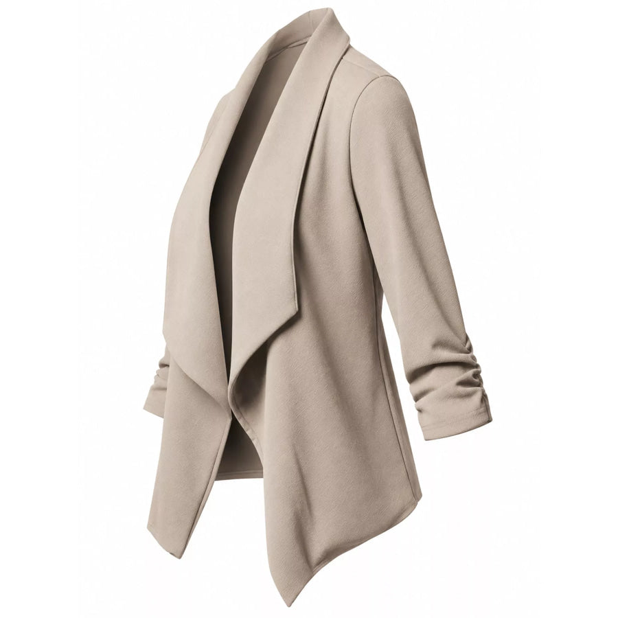 Full Size Open Front Drape Blazer with 3/4 Ruched Sleeves Plus Apparel and Accessories