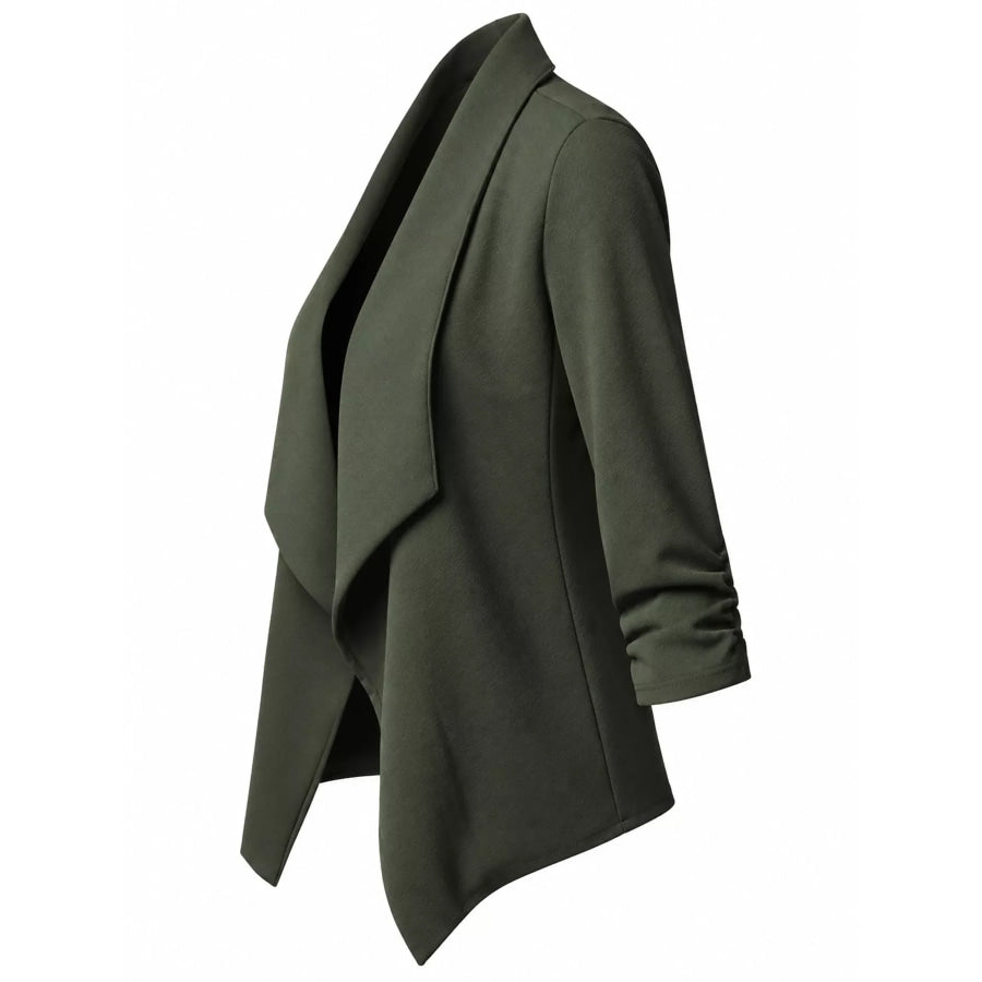 Full Size Open Front Drape Blazer with 3/4 Ruched Sleeves Plus Apparel and Accessories