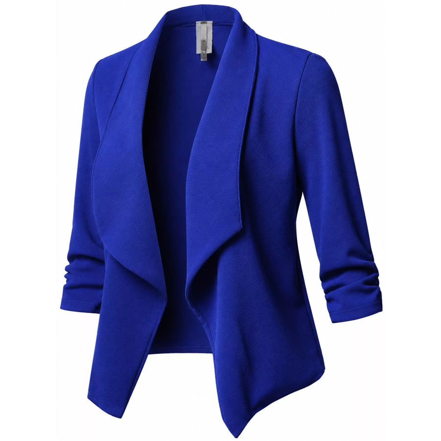 Full Size Open Front Drape Blazer with 3/4 Ruched Sleeves Plus Apparel and Accessories