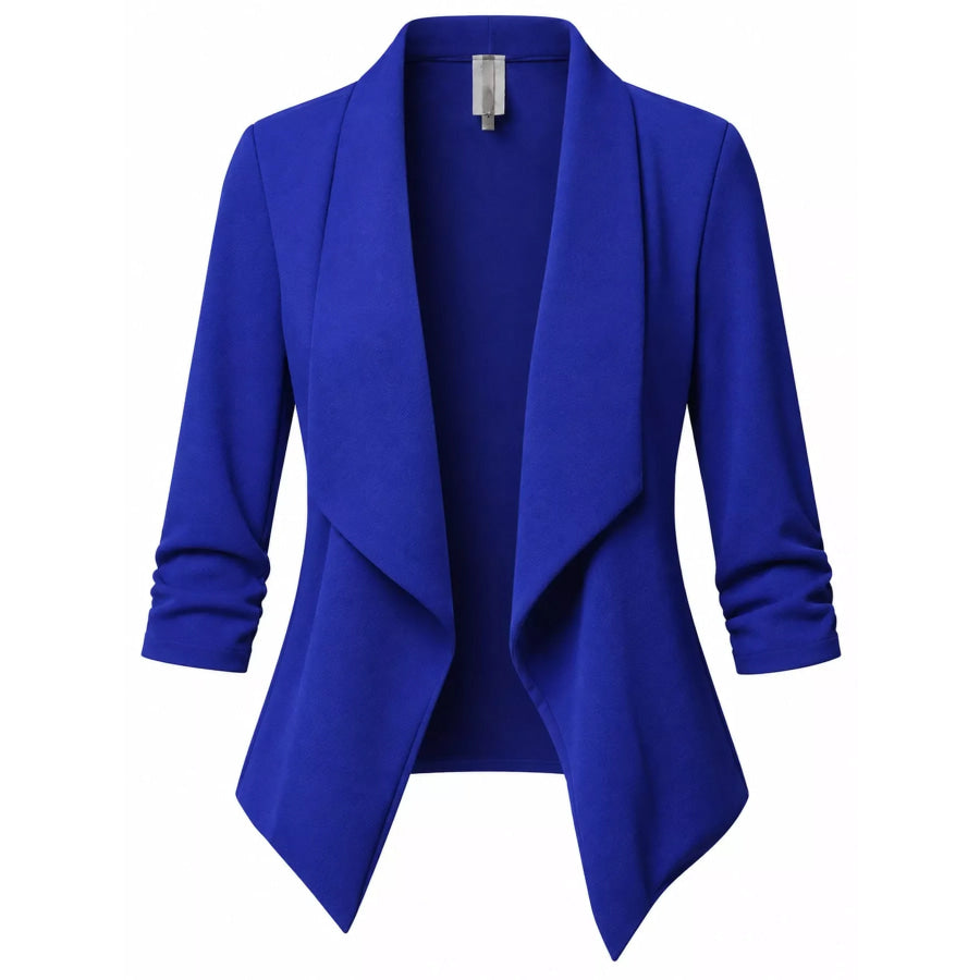 Full Size Open Front Drape Blazer with 3/4 Ruched Sleeves Plus Apparel and Accessories