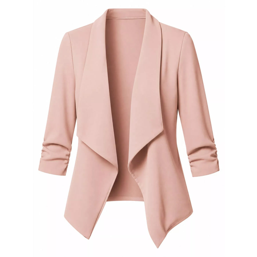 Full Size Open Front Drape Blazer with 3/4 Ruched Sleeves Plus Apparel and Accessories
