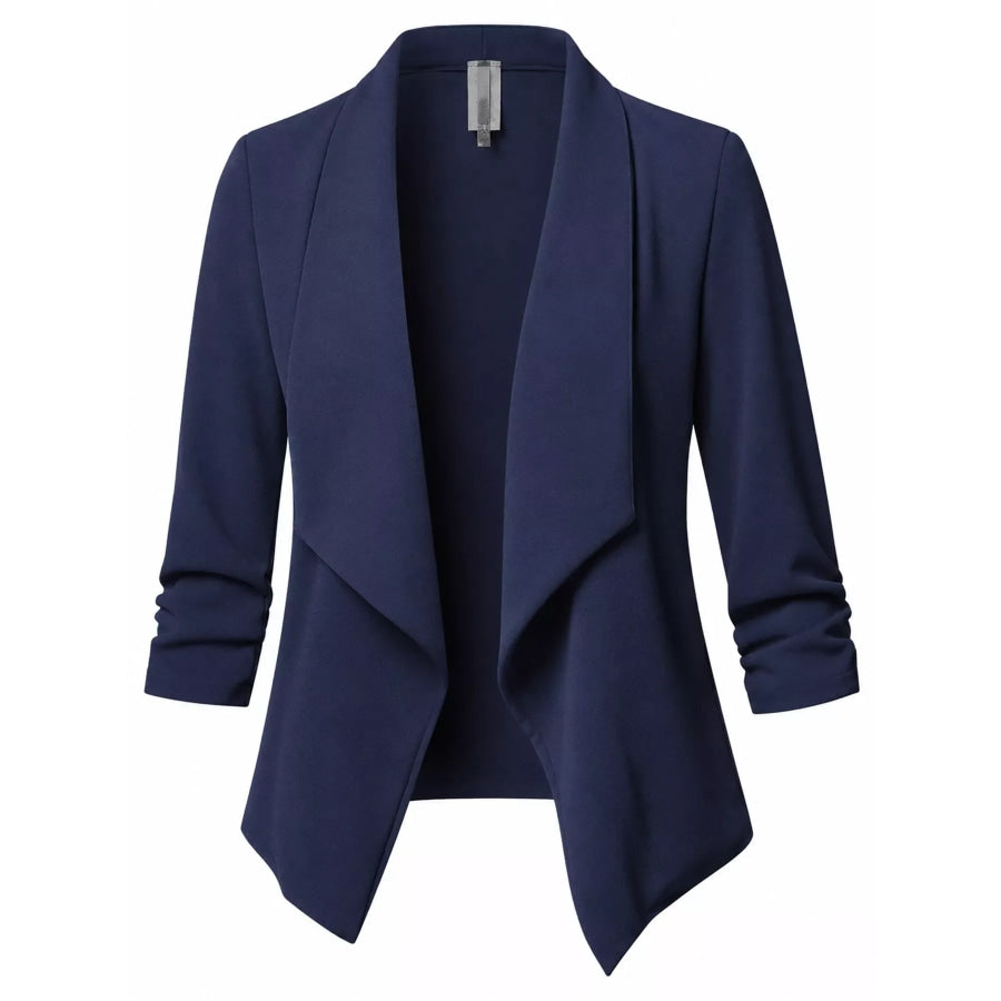 Full Size Open Front Drape Blazer with 3/4 Ruched Sleeves Plus Apparel and Accessories