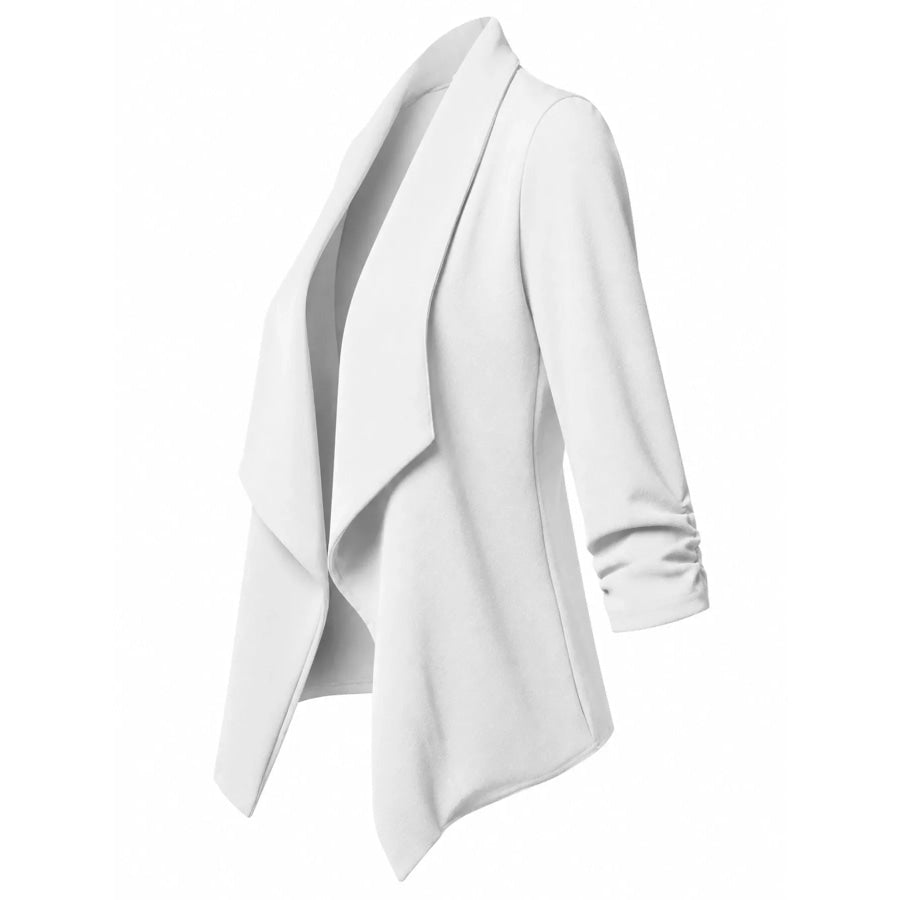 Full Size Open Front Drape Blazer with 3/4 Ruched Sleeves Plus Apparel and Accessories