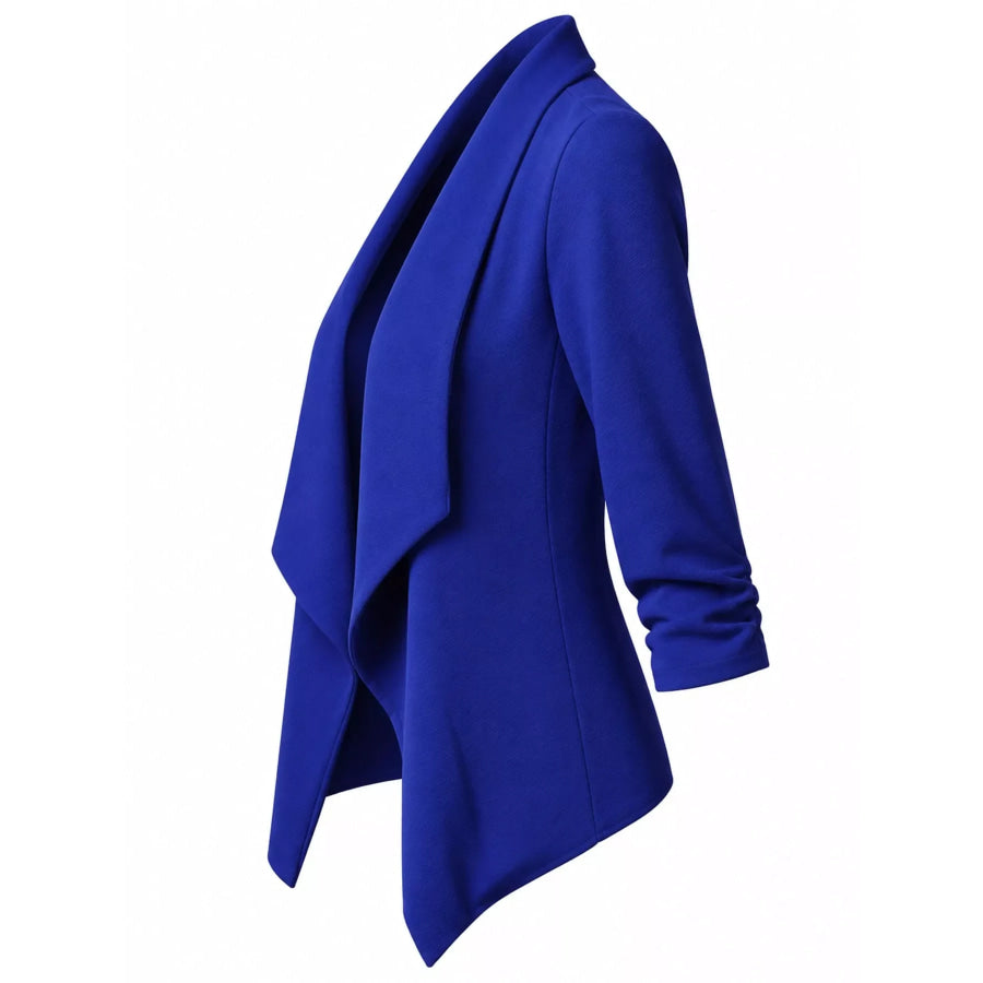 Full Size Open Front Drape Blazer with 3/4 Ruched Sleeves Plus Apparel and Accessories