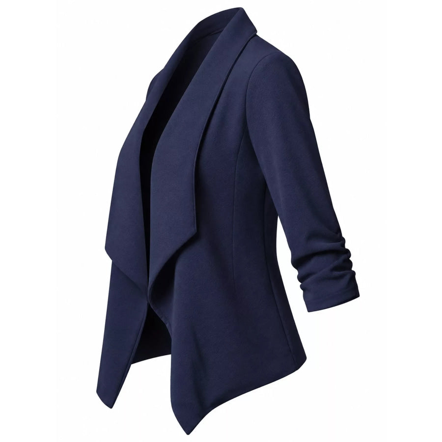 Full Size Open Front Drape Blazer with 3/4 Ruched Sleeves Plus Apparel and Accessories