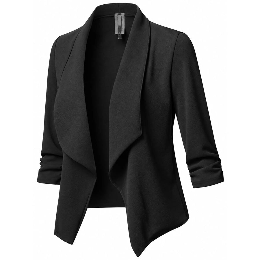 Full Size Open Front Drape Blazer with 3/4 Ruched Sleeves Plus Apparel and Accessories