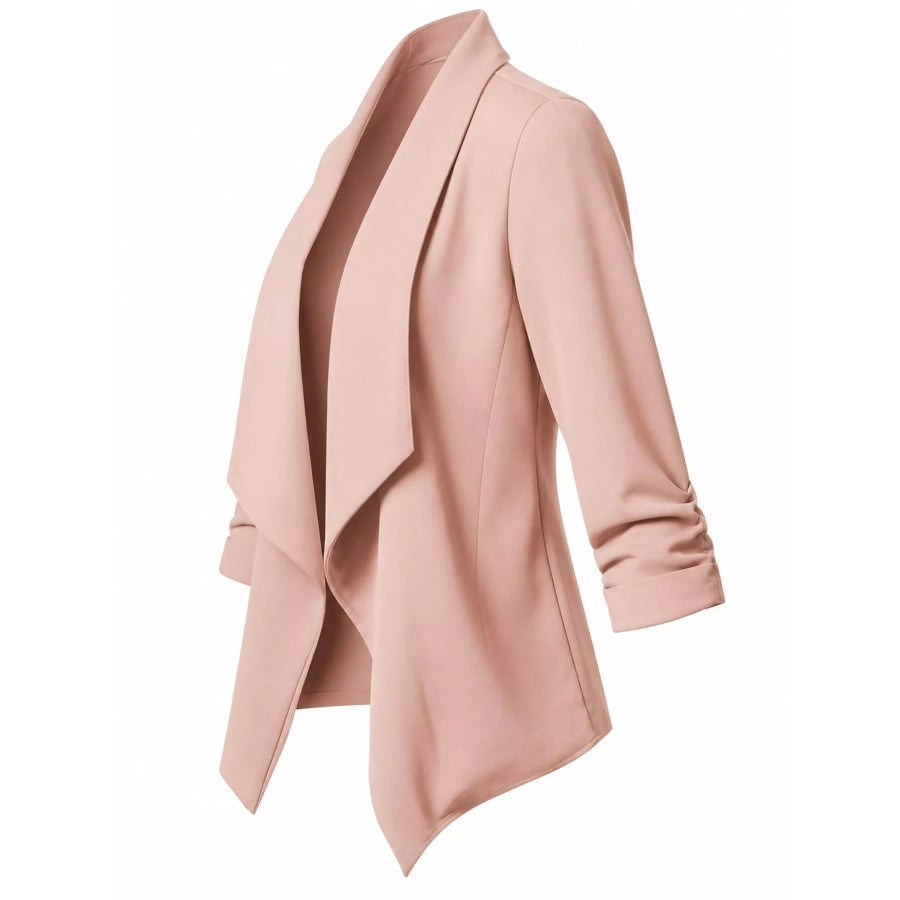 Full Size Open Front Drape Blazer with 3/4 Ruched Sleeves Plus Apparel and Accessories