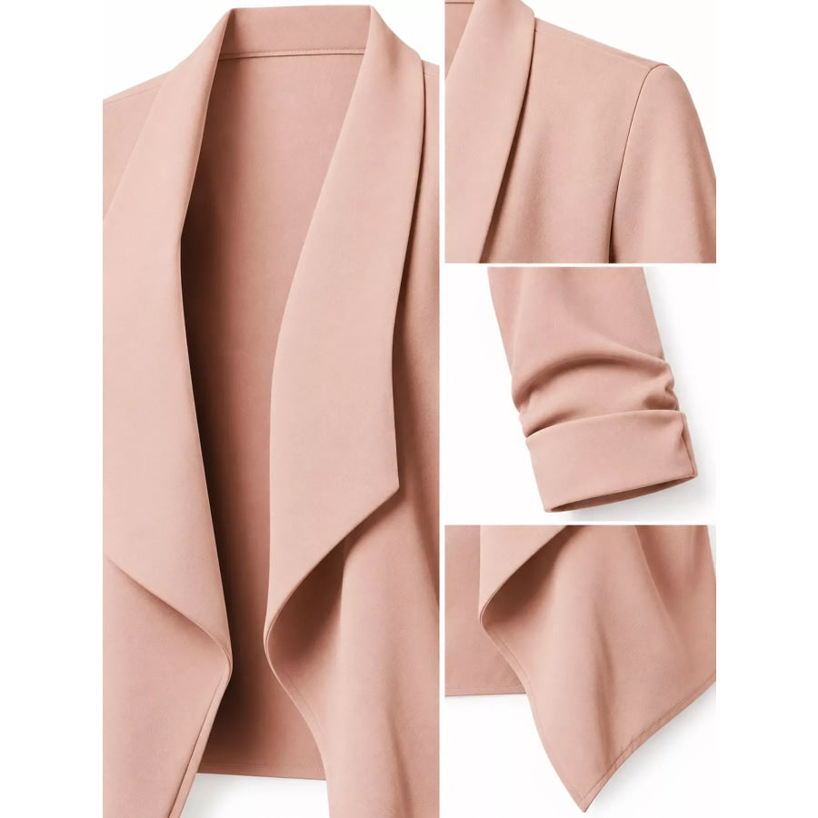 Full Size Open Front Drape Blazer with 3/4 Ruched Sleeves Plus Apparel and Accessories