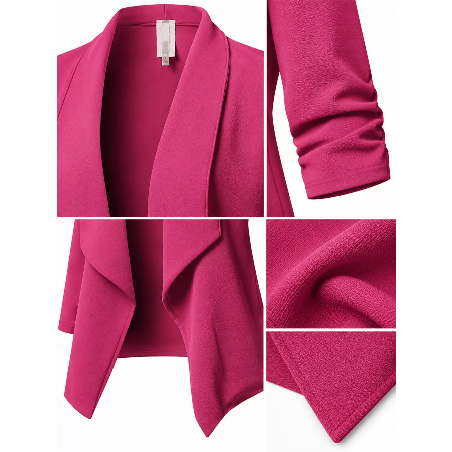 Full Size Open Front Drape Blazer with 3/4 Ruched Sleeves Plus Apparel and Accessories
