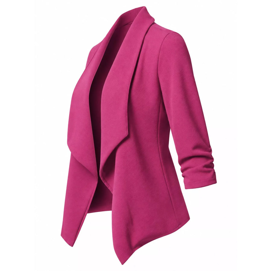 Full Size Open Front Drape Blazer with 3/4 Ruched Sleeves Plus Apparel and Accessories