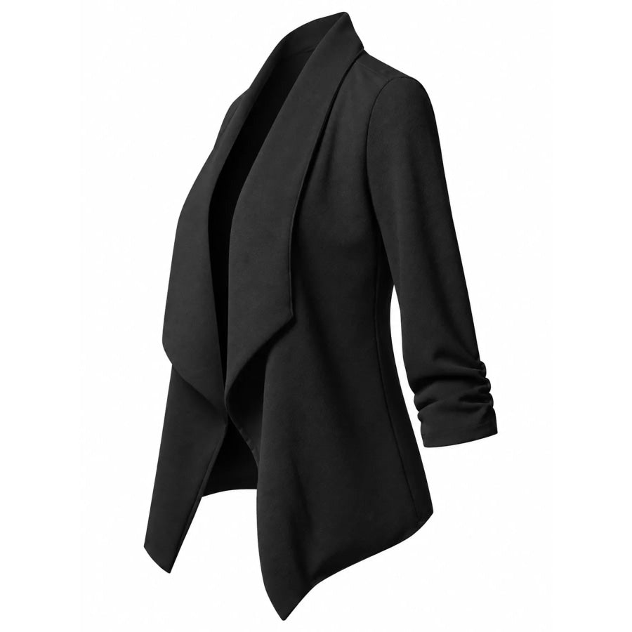Full Size Open Front Drape Blazer with 3/4 Ruched Sleeves Plus Apparel and Accessories