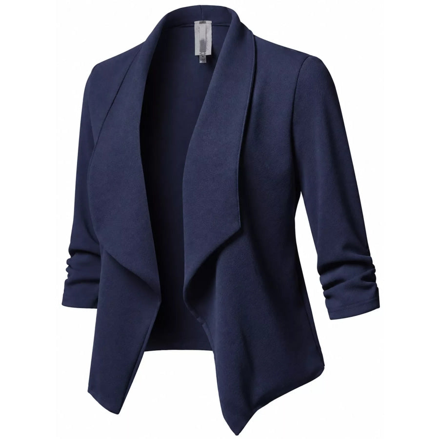 Full Size Open Front Drape Blazer with 3/4 Ruched Sleeves Plus Apparel and Accessories