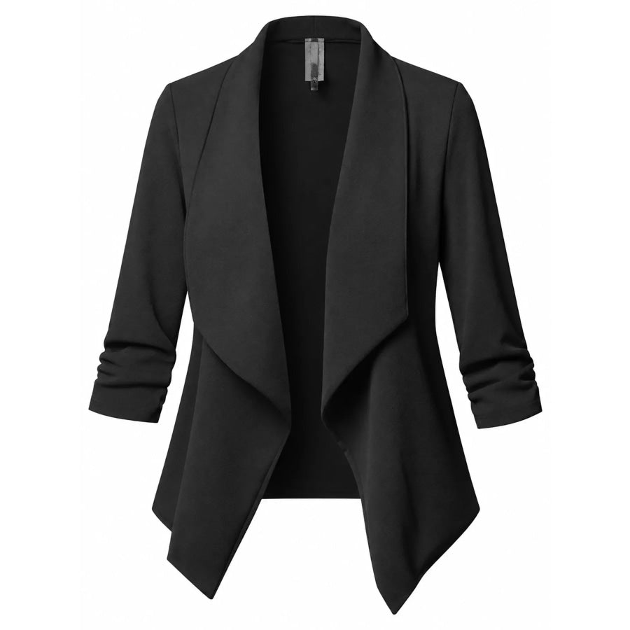 Full Size Open Front Drape Blazer with 3/4 Ruched Sleeves Plus Apparel and Accessories
