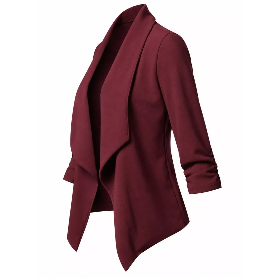 Full Size Open Front Drape Blazer with 3/4 Ruched Sleeves Plus Apparel and Accessories