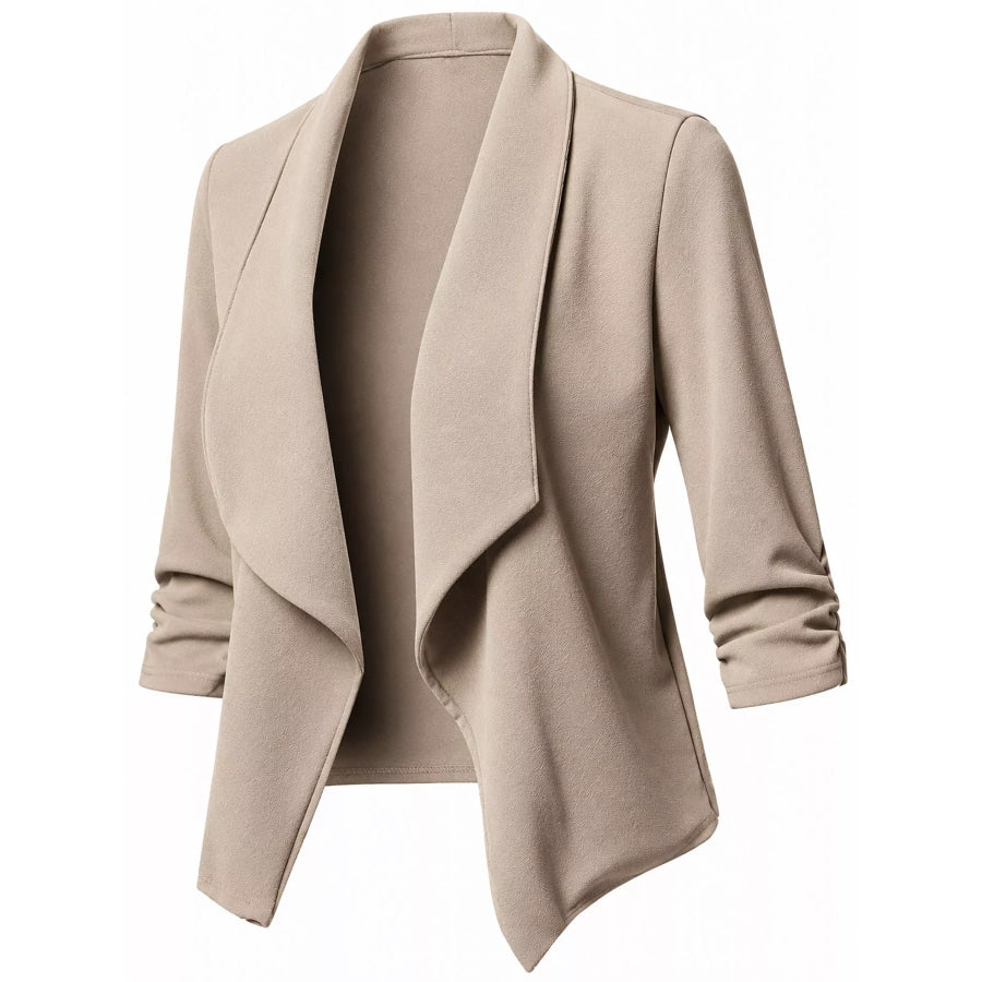 Full Size Open Front Drape Blazer with 3/4 Ruched Sleeves Plus Apparel and Accessories