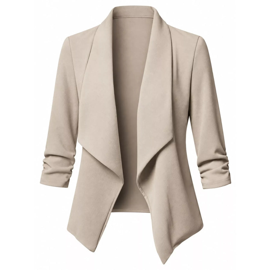 Full Size Open Front Drape Blazer with 3/4 Ruched Sleeves Plus Apparel and Accessories