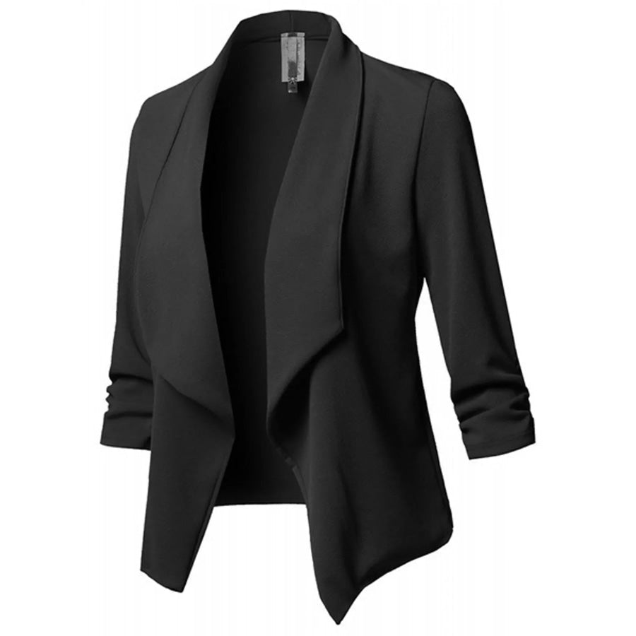 Full Size Open Front Drape Blazer with 3/4 Ruched Sleeves Plus Black / S Apparel and Accessories