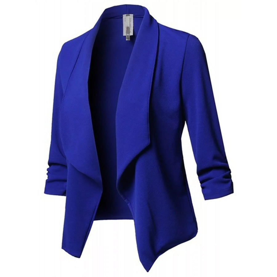 Full Size Open Front Drape Blazer with 3/4 Ruched Sleeves Plus Blue / S Apparel and Accessories