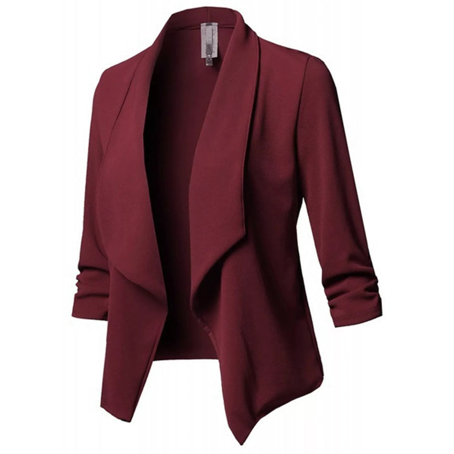 Full Size Open Front Drape Blazer with 3/4 Ruched Sleeves Plus Burgundy / S Apparel and Accessories
