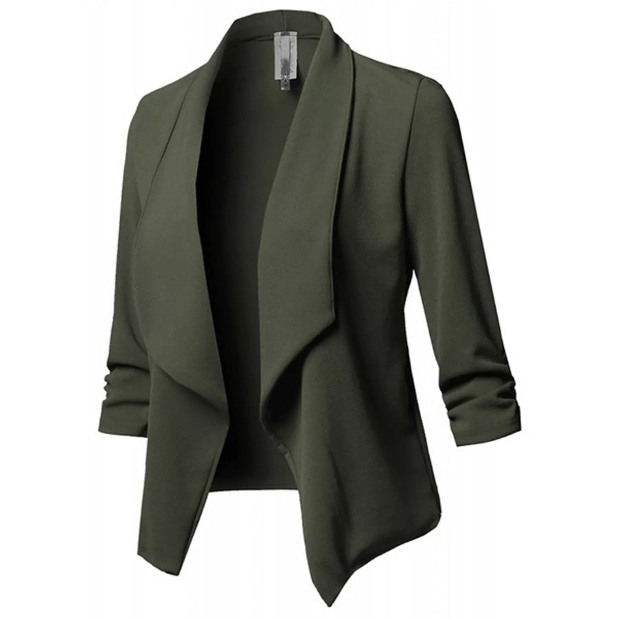 Full Size Open Front Drape Blazer with 3/4 Ruched Sleeves Plus Green / S Apparel and Accessories