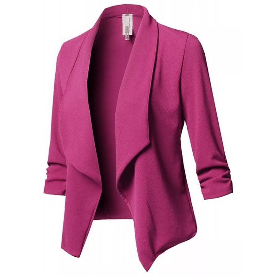 Full Size Open Front Drape Blazer with 3/4 Ruched Sleeves Plus Hot Pink / S Apparel and Accessories