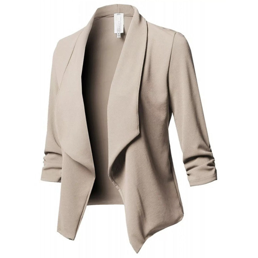 Full Size Open Front Drape Blazer with 3/4 Ruched Sleeves Plus Khaki / S Apparel and Accessories