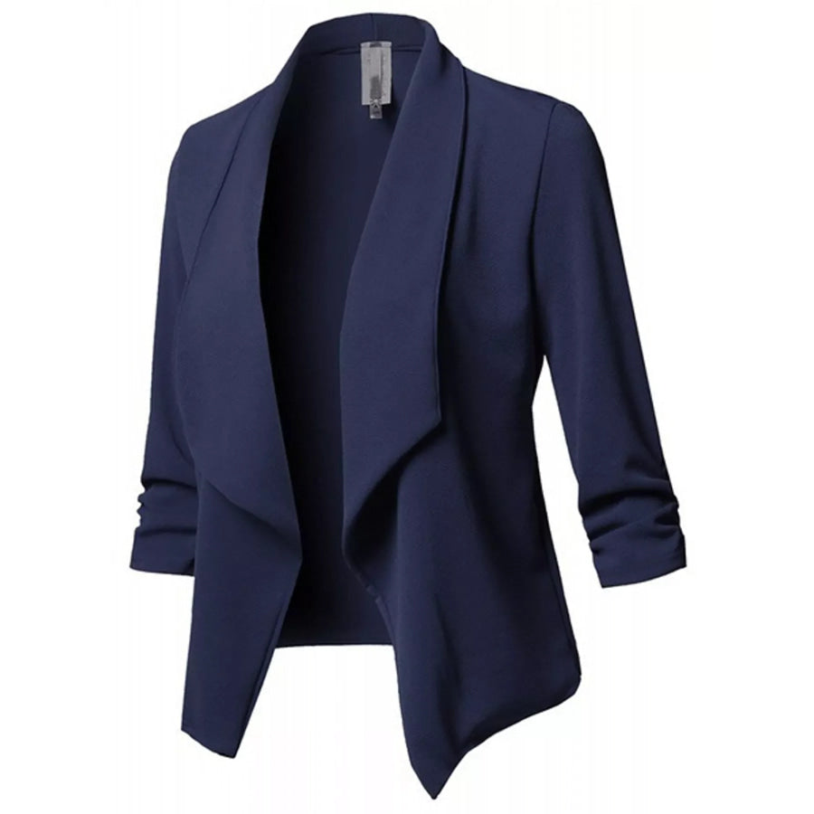 Full Size Open Front Drape Blazer with 3/4 Ruched Sleeves Plus Navy / S Apparel and Accessories