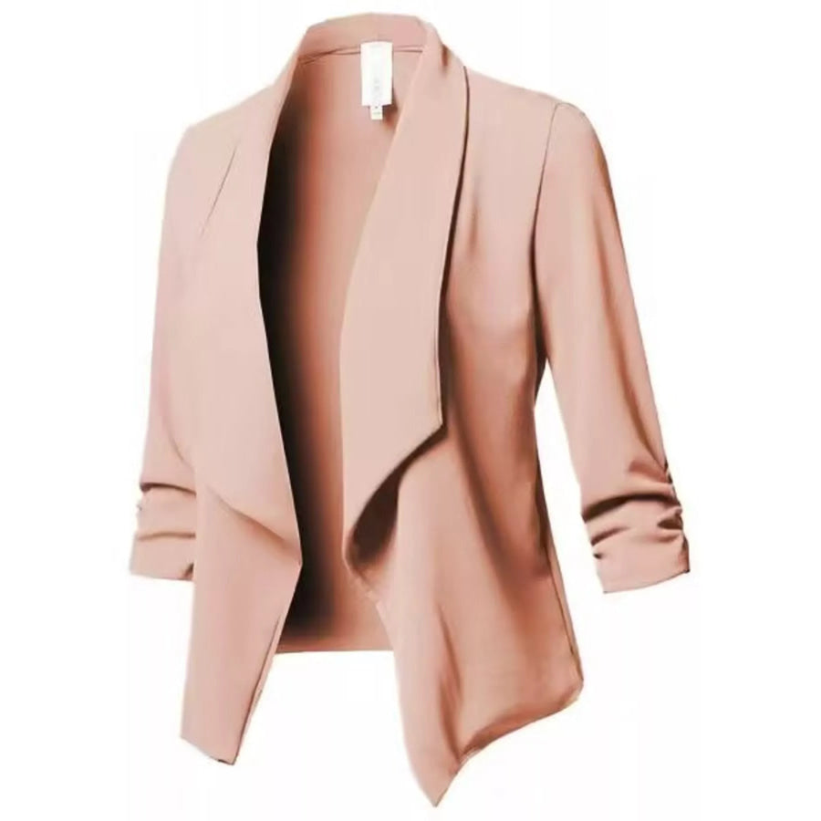 Full Size Open Front Drape Blazer with 3/4 Ruched Sleeves Plus Peach Pink / S Apparel and Accessories