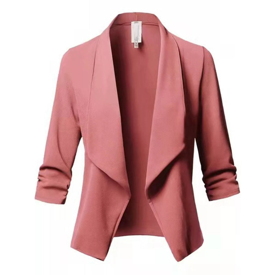 Full Size Open Front Drape Blazer with 3/4 Ruched Sleeves Plus Pink / S Apparel and Accessories