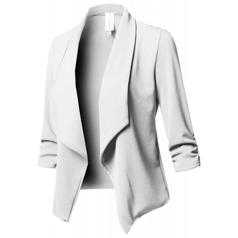 Full Size Open Front Drape Blazer with 3/4 Ruched Sleeves Plus White / S Apparel and Accessories